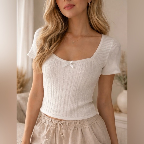 Rachel Ashwell Tops - Rachel Ashwell Prairie White‎ Knit Top L Cottagecore Ribbed Bow Detail Soft Girl